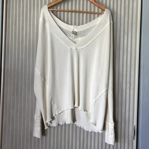We the Free Ocean View Ribbed Ivory Boho Oversized Deep V neck Top Size L - Picture 5 of 11